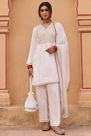 white velvet cutdana embroidered short kurta set