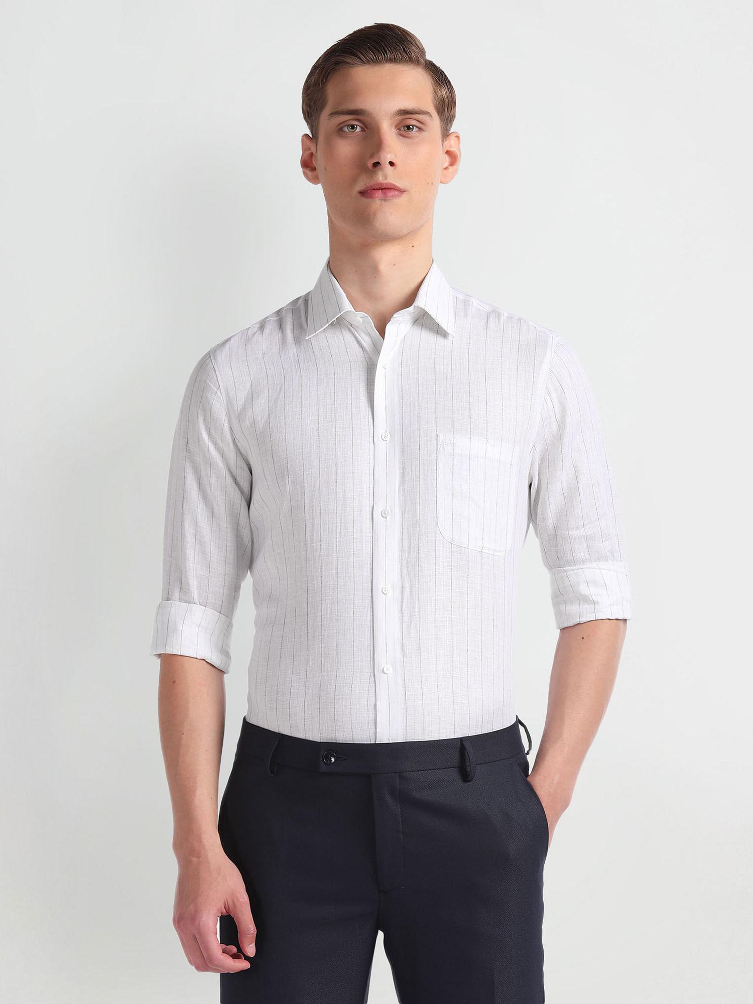white vertical stripe linen formal shirt