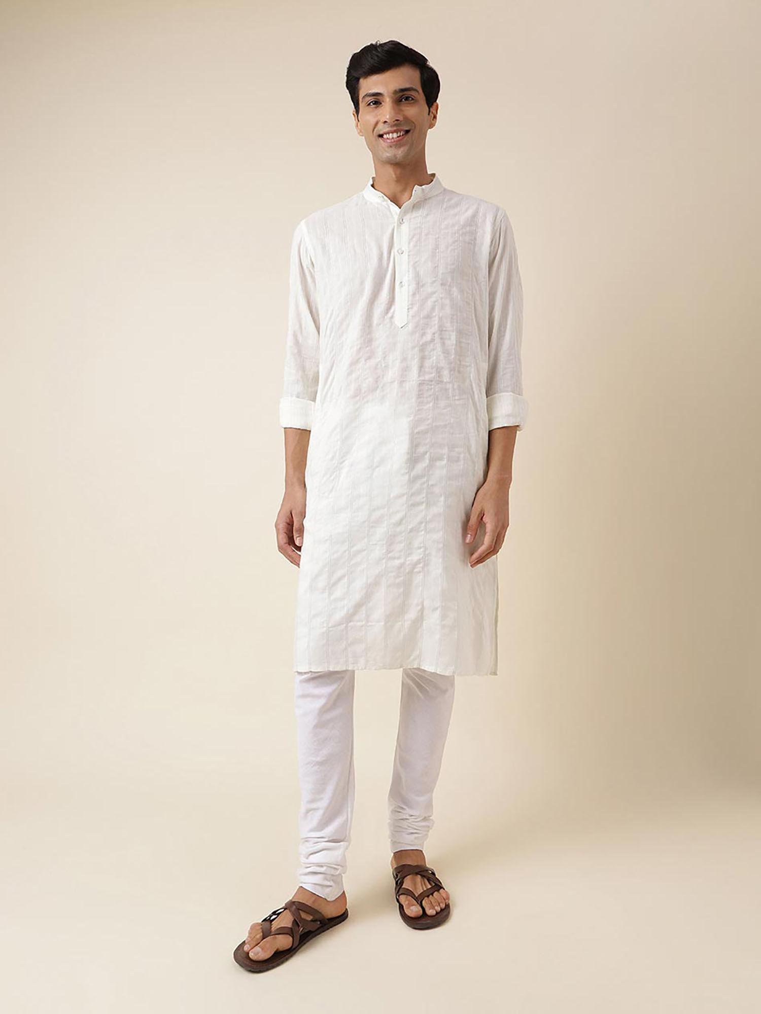 white viscose blend dobby long kurta