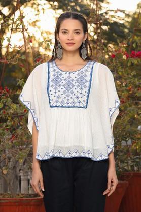 white viscose dobby kaftan tunic with blue thread embroidery - white