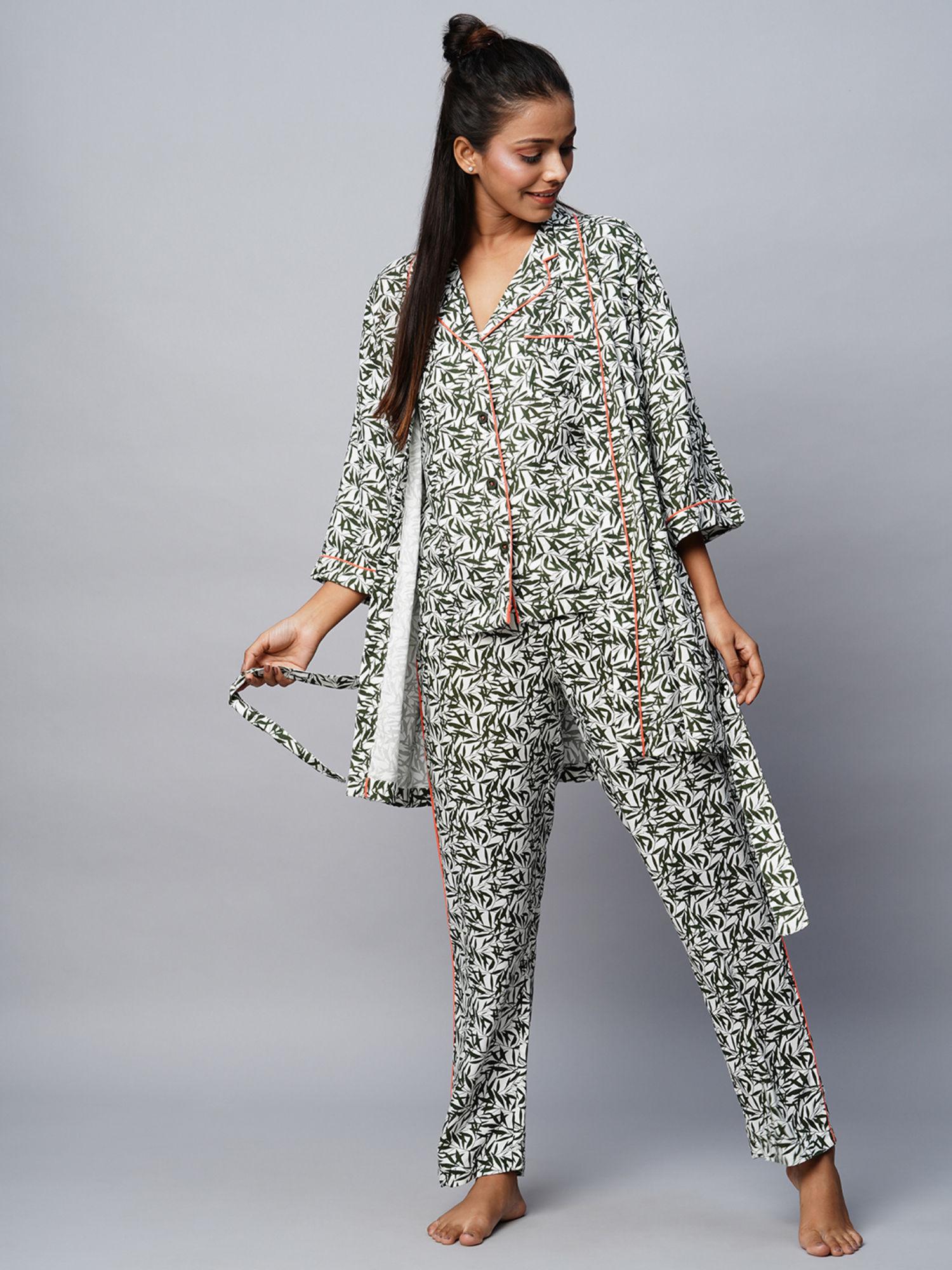 white viscose printed shirt & pyjama with kimono wrap (set of 4)