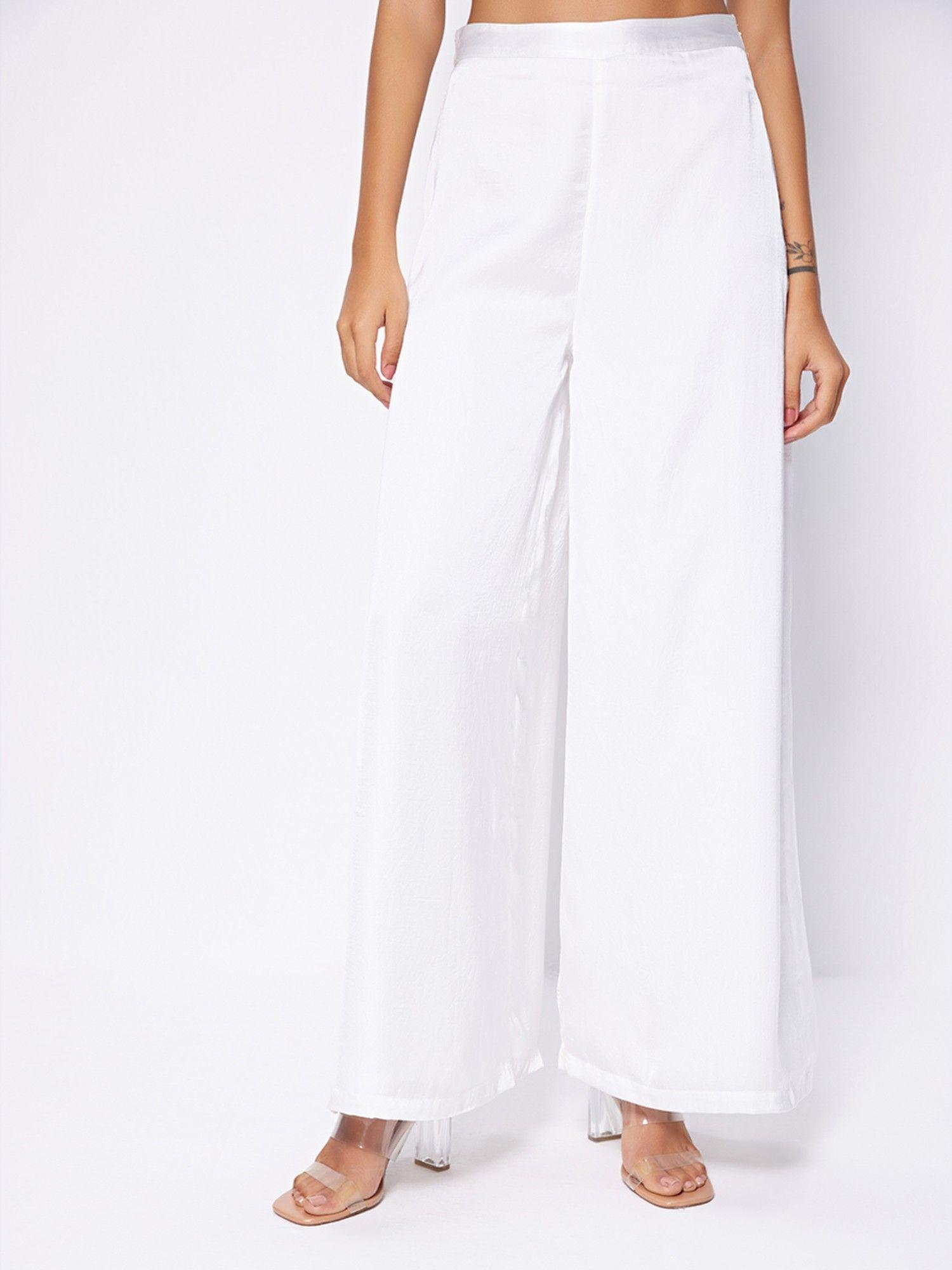 white wide satin trousers