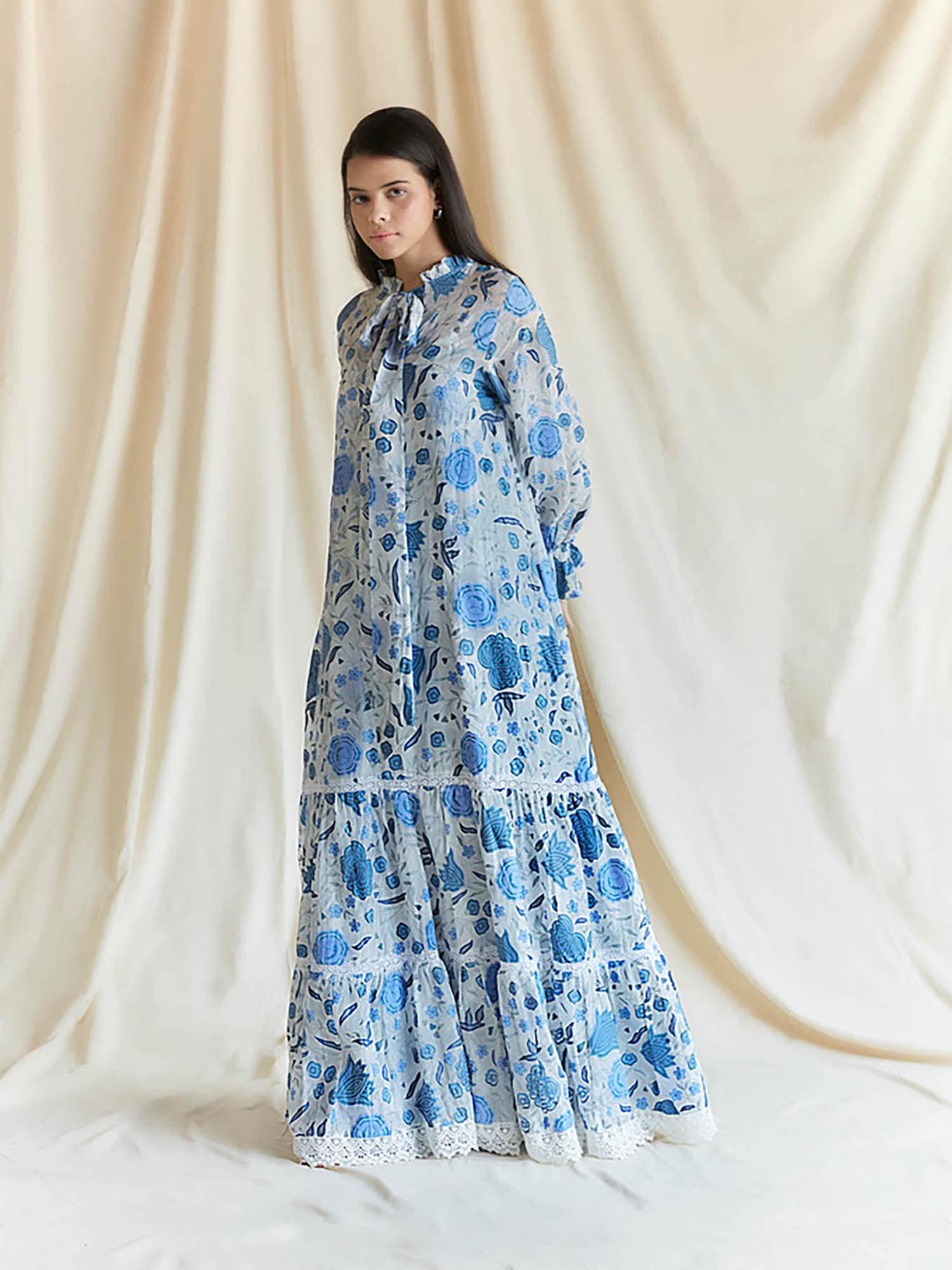 white with blue printed maxi with lace details