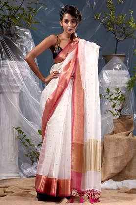 white with gold zari weaved organza silk banarasi saree with ethnic zari motifs and jacquard beautiful border with blouse piece - white