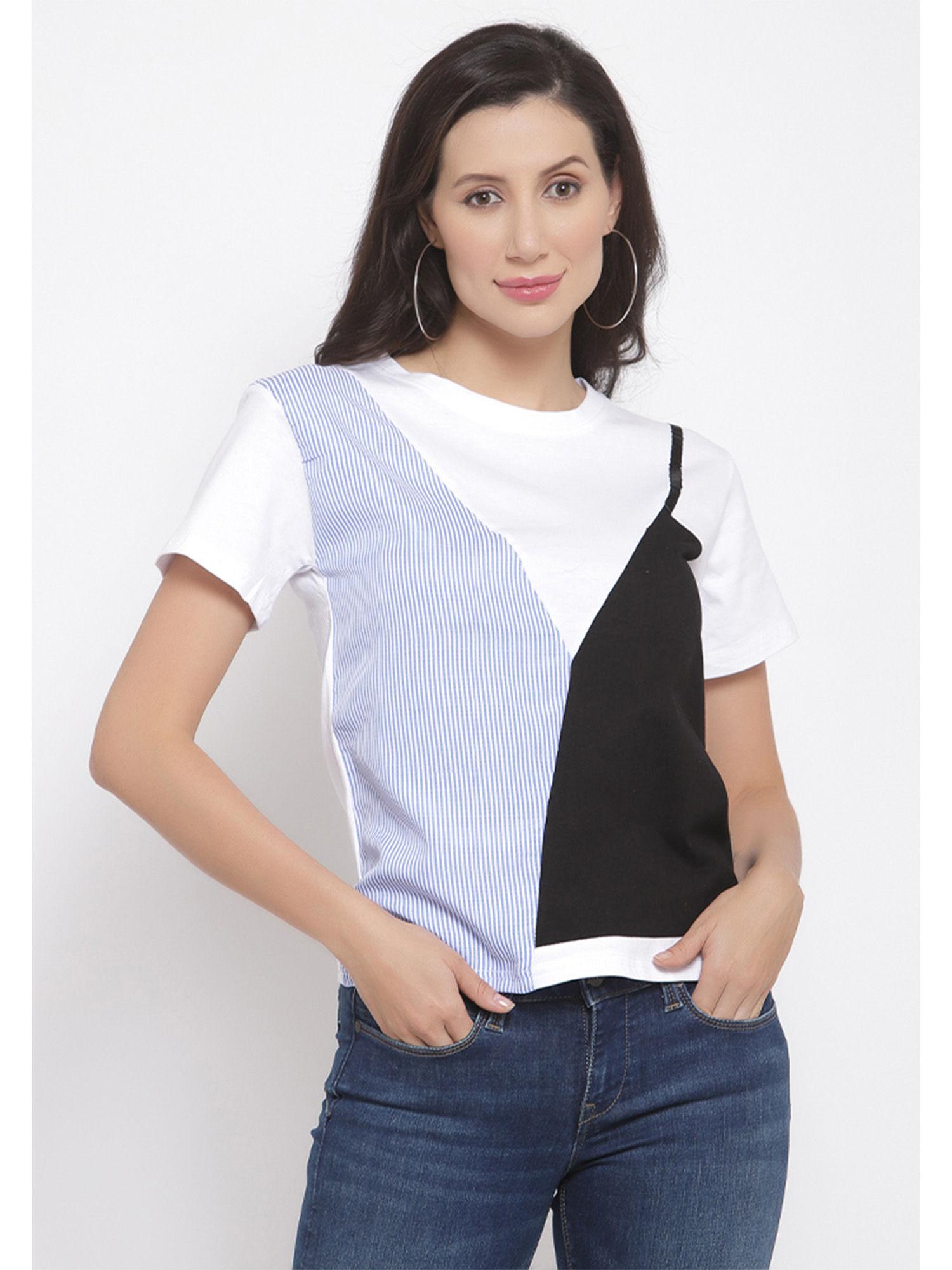 white women western crew neck stylish colorblock t-shirt