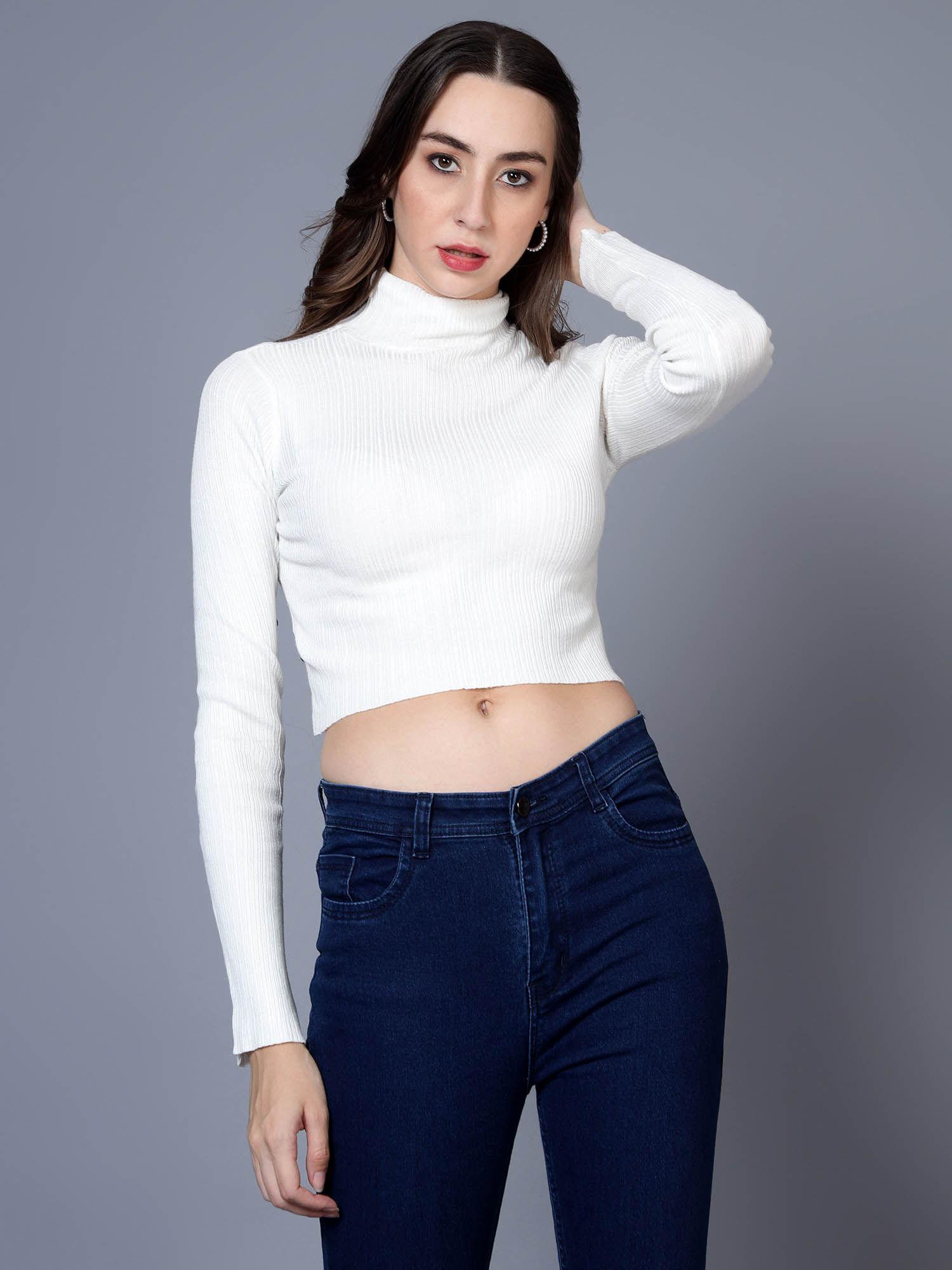 white womens solid crop high neck sweater