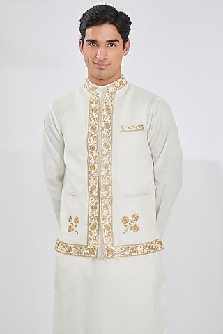 white wool blend embroidered bundi jacket