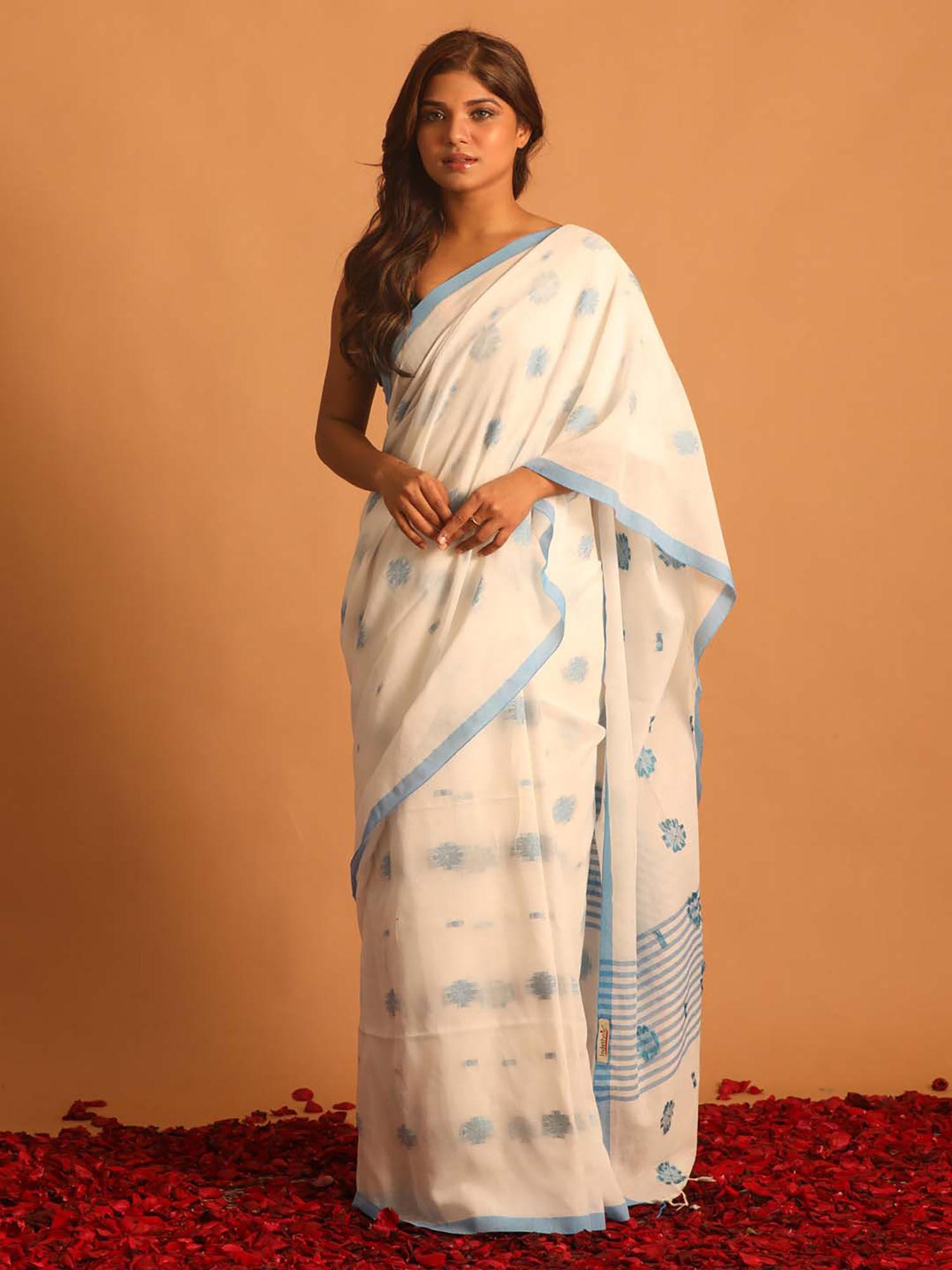 white woven design daily wear saree with unstitched blouse