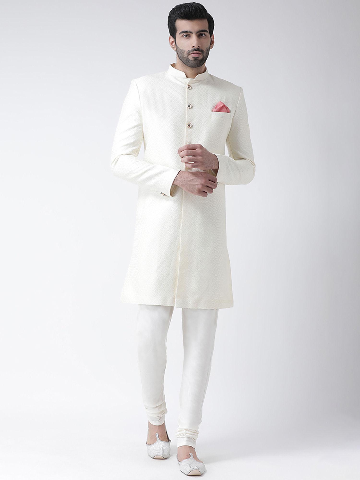 white woven design sherwani with churidar (set of 2)
