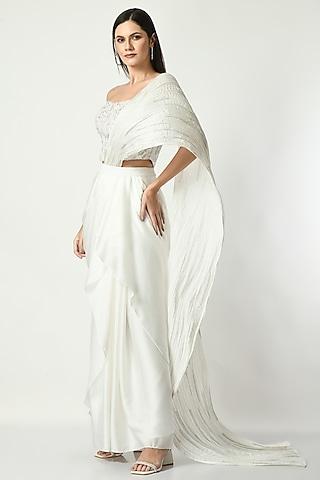 white wrinkled chiffon swirl draped saree set
