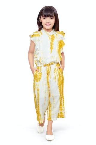 white yarn dyed band collar casual cap sleeves girls regular fit jumpsuit