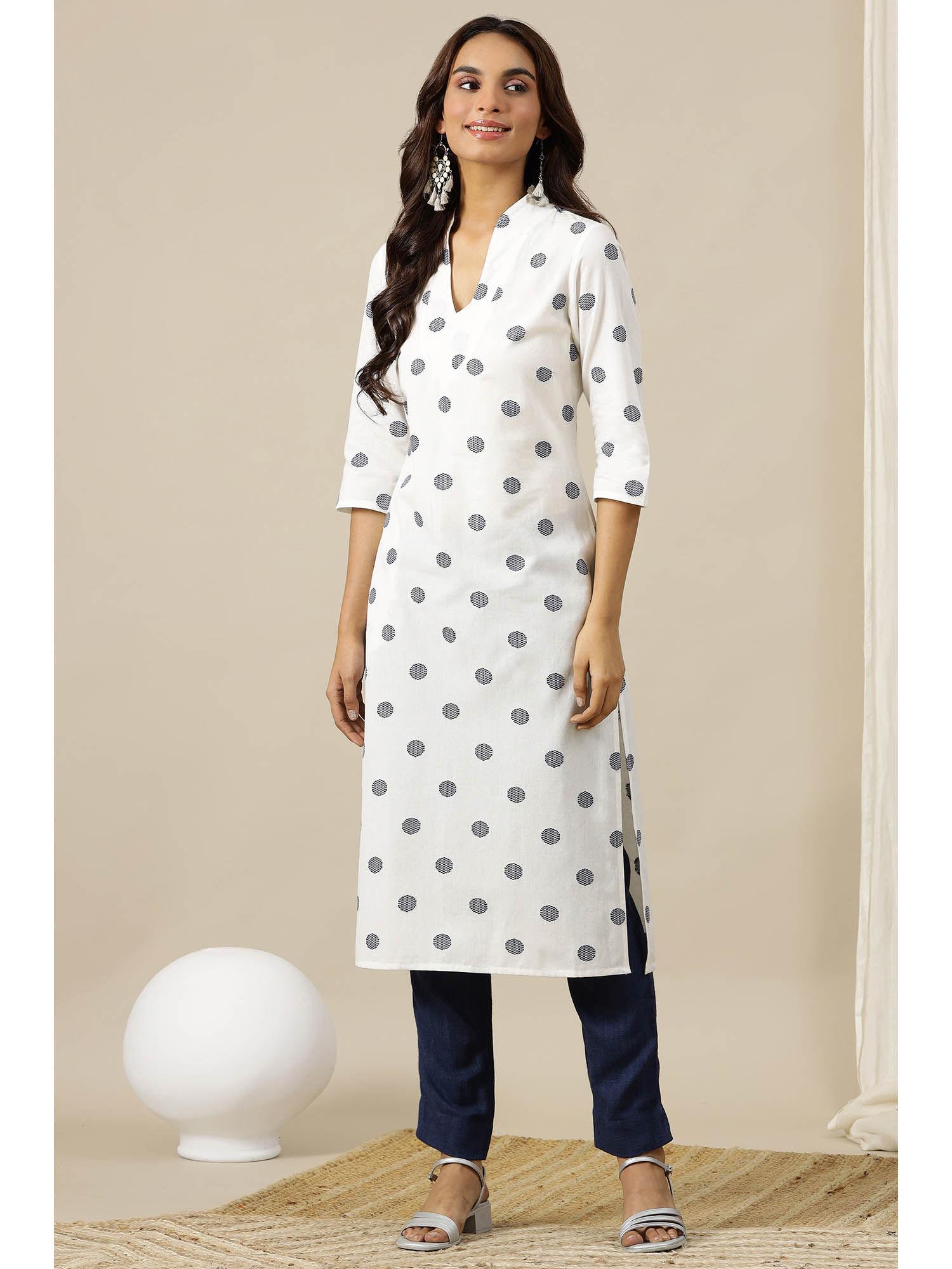 white yarn dyed pure cotton straight kurta in stylized neck