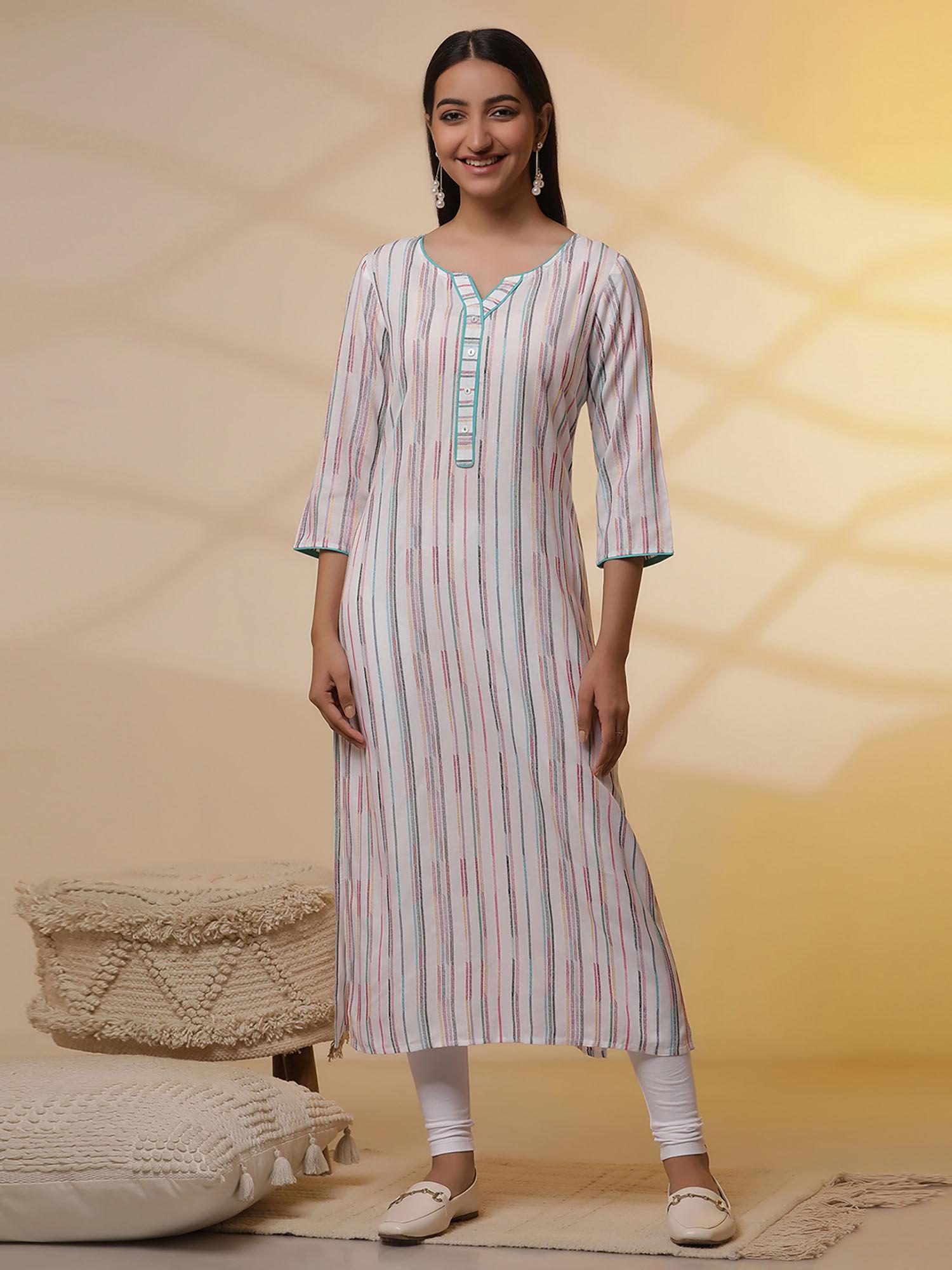 white yarn-dyed striped kurta with leggings (set of 2)