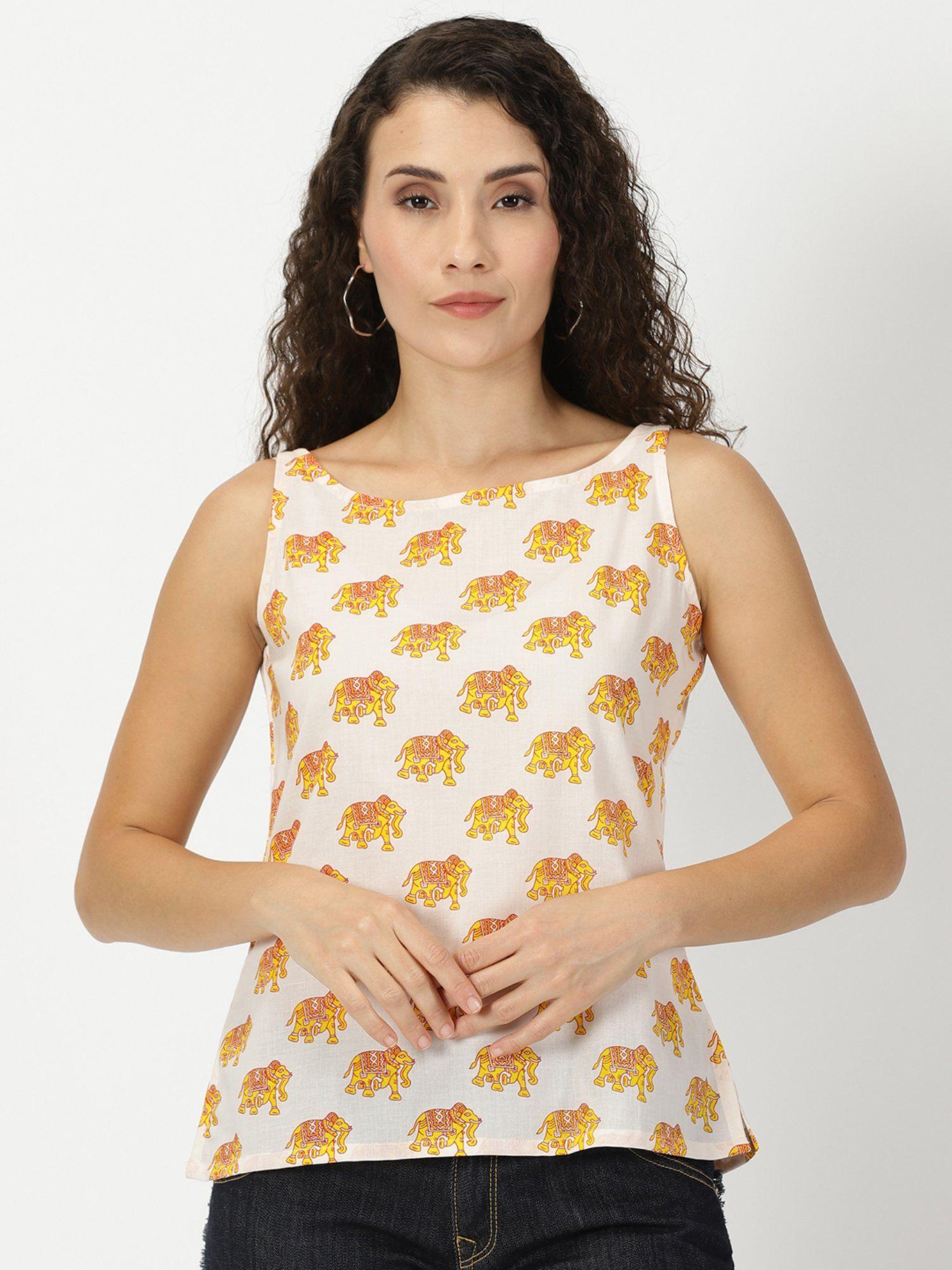 white-yellow elephant print cotton top