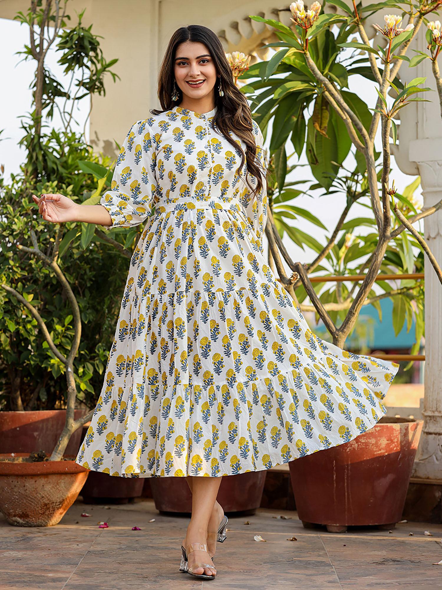white-yellow ethnic floral hand block print cotton dress with belt (set of 2)