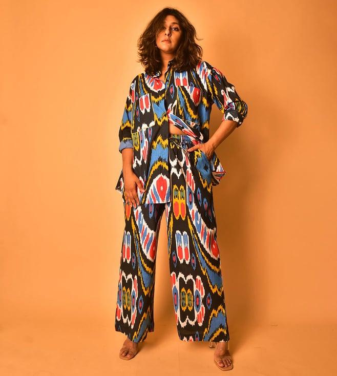 why so blue multi-color tuesday afternoon jackie shirt with pant co-ord set for women