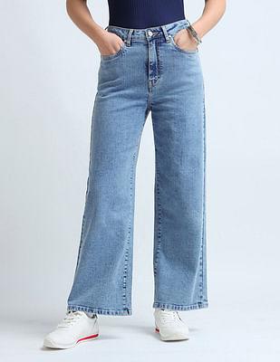 wide leg fit blue jeans