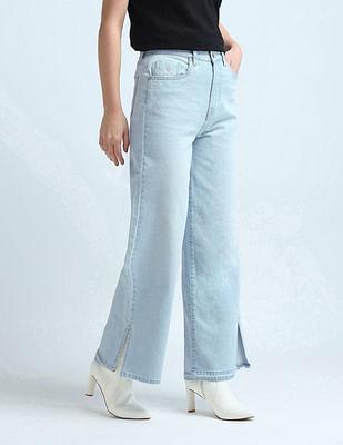 wide leg fit blue jeans