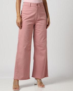 wide-leg jeans with frayed hems