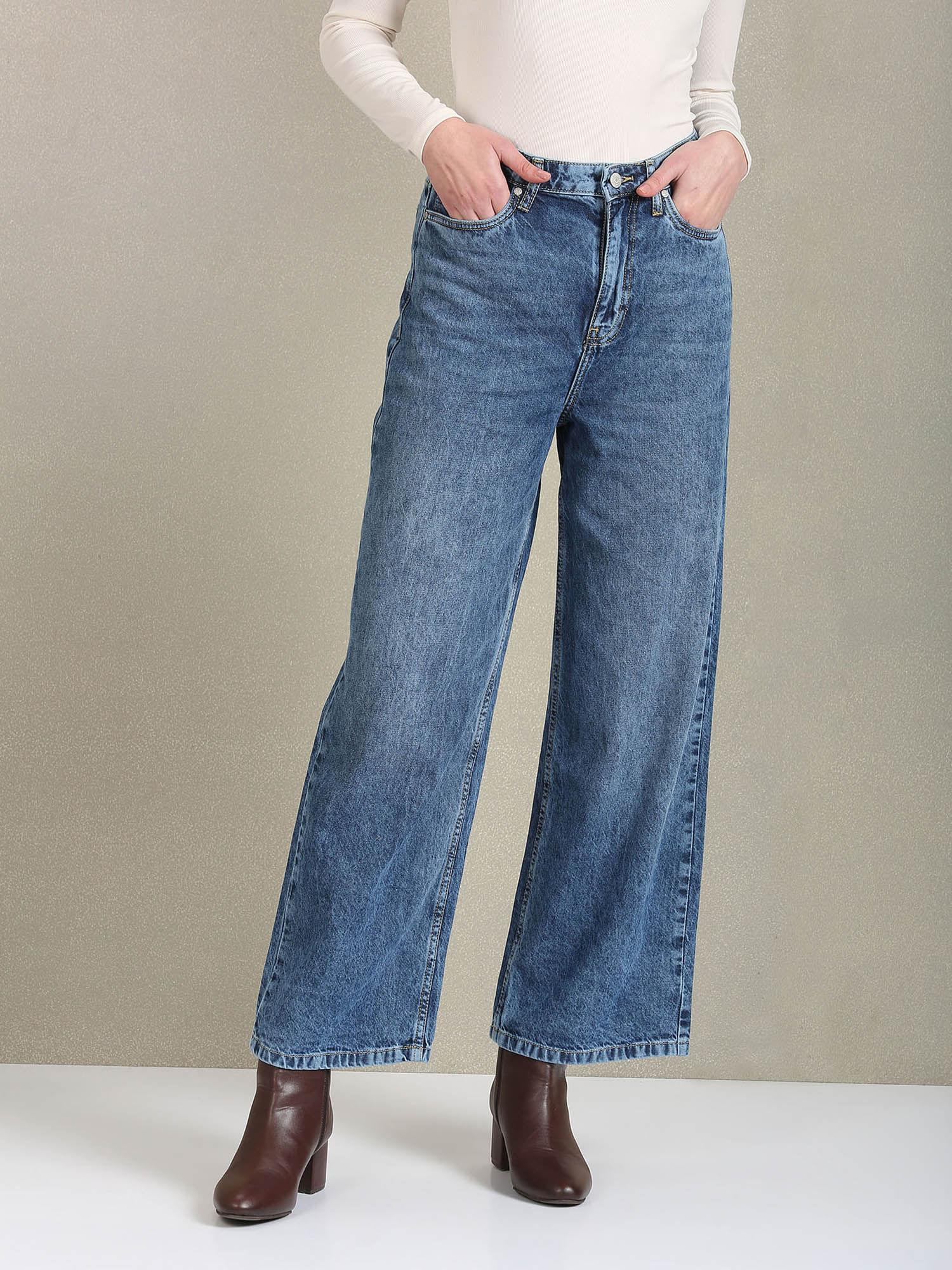wide leg mid rise jeans blue