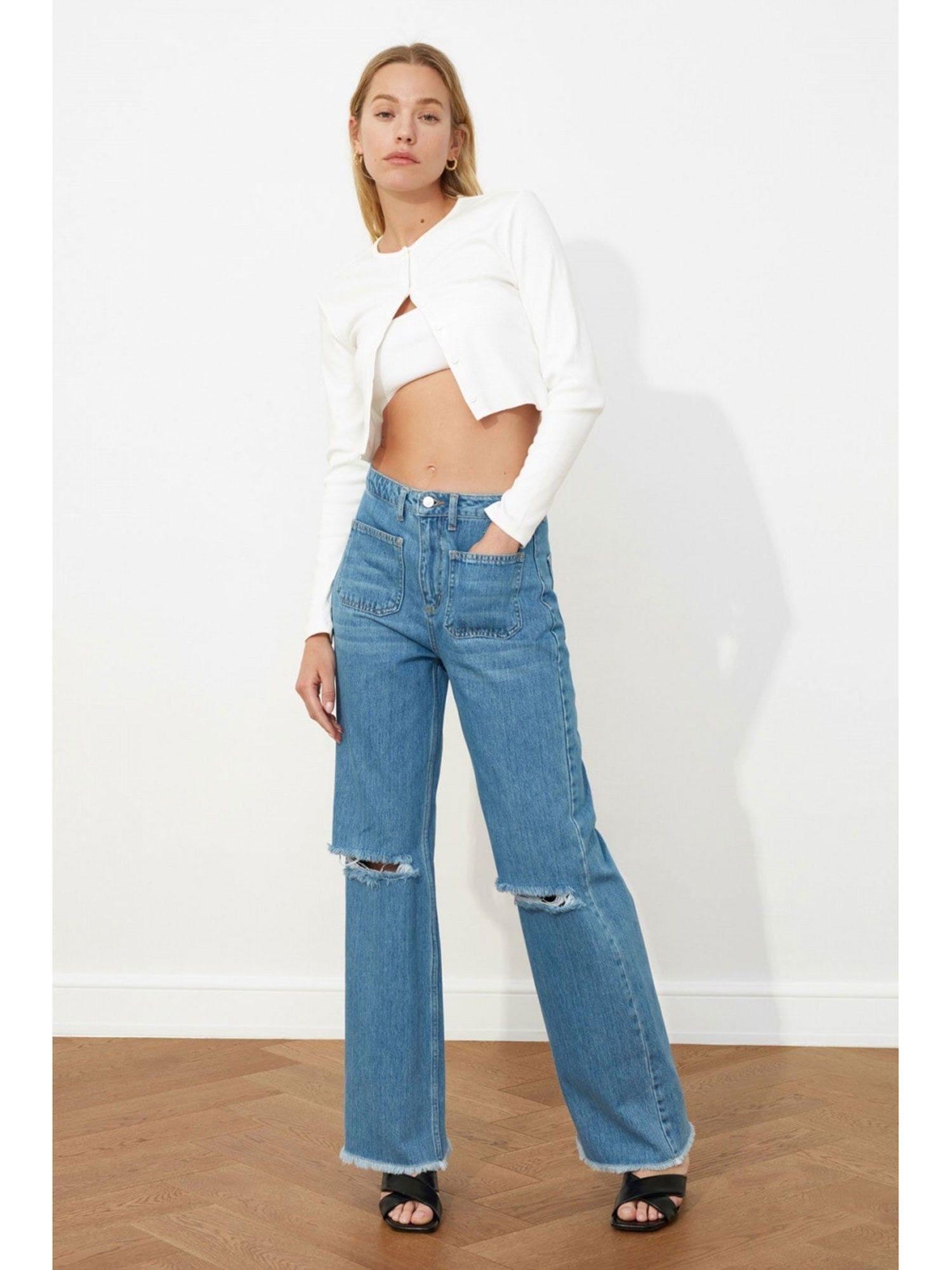 wide leg ripped knee blue jeans