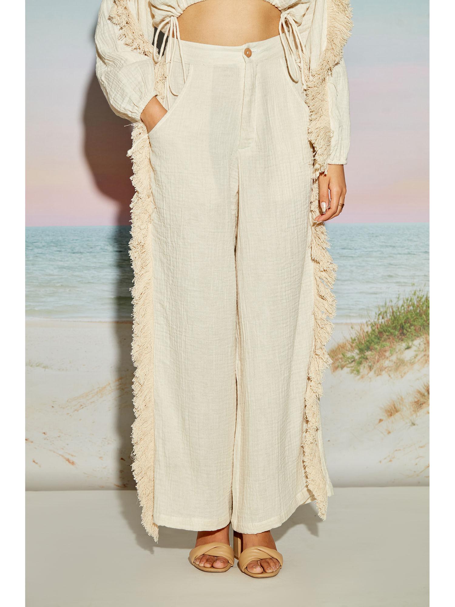 wide leg side slit pants with fringe lace