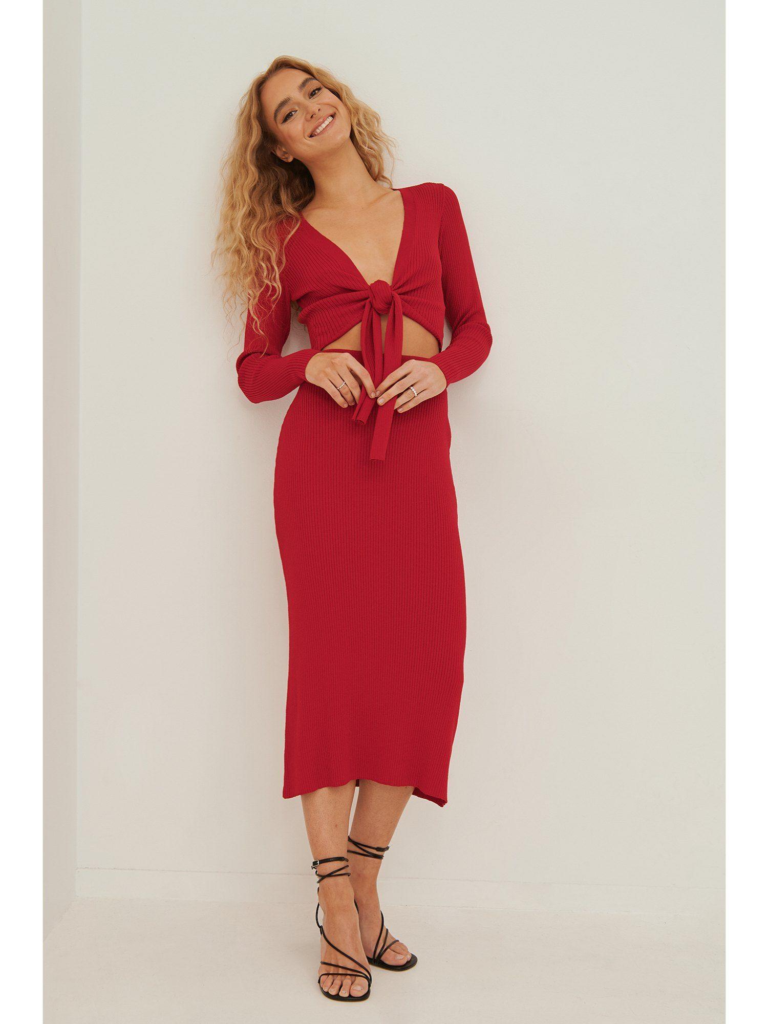 wide rib knitted midi skirt-red