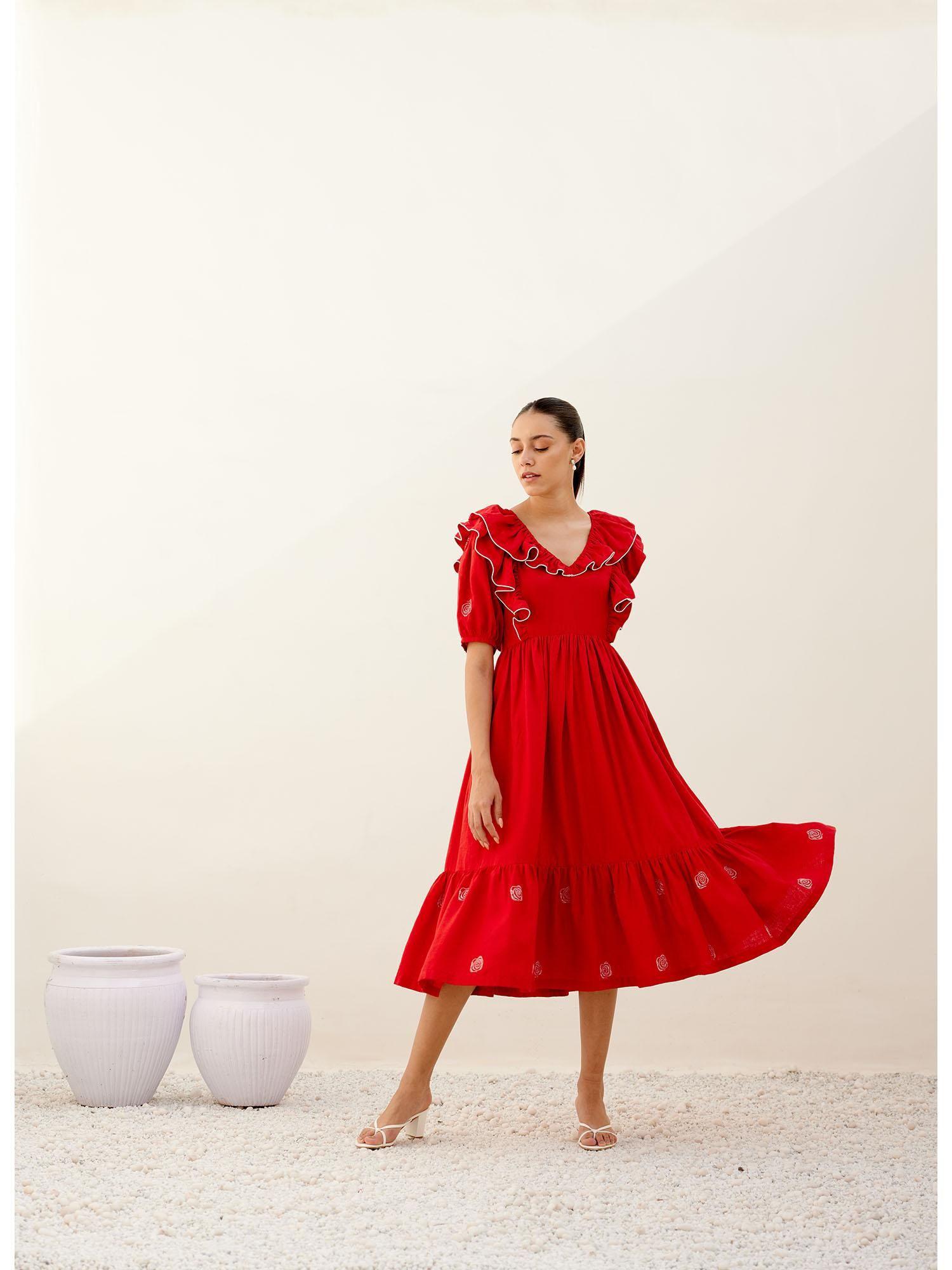 wild red embroidered flower dress