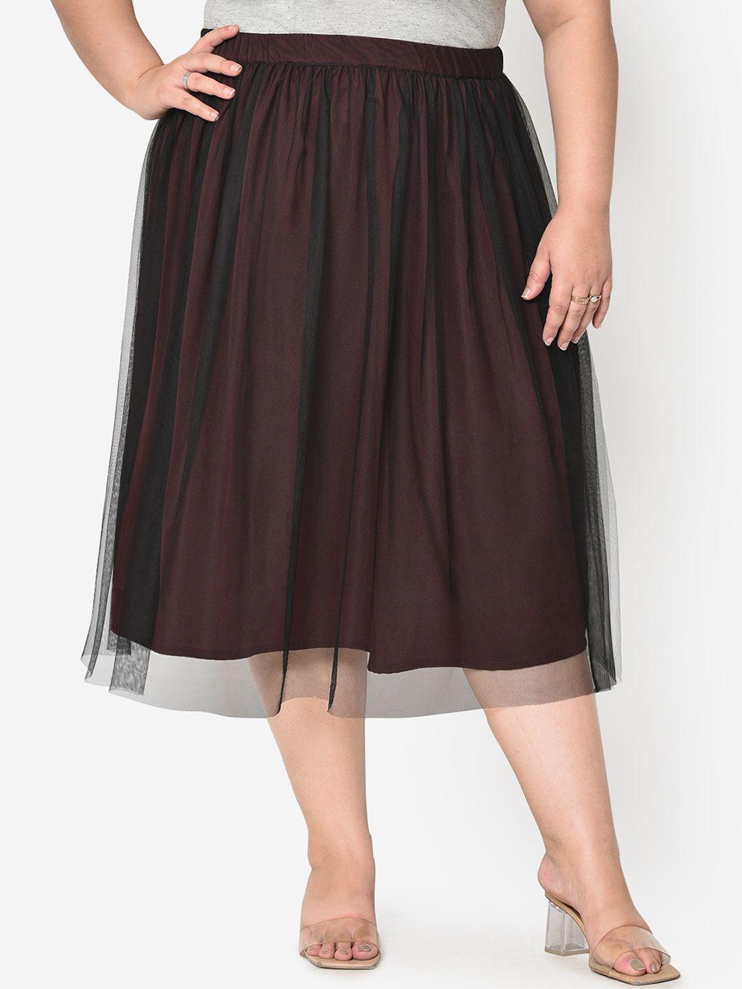 wild u plus size women burgundy solid flared midi skirt