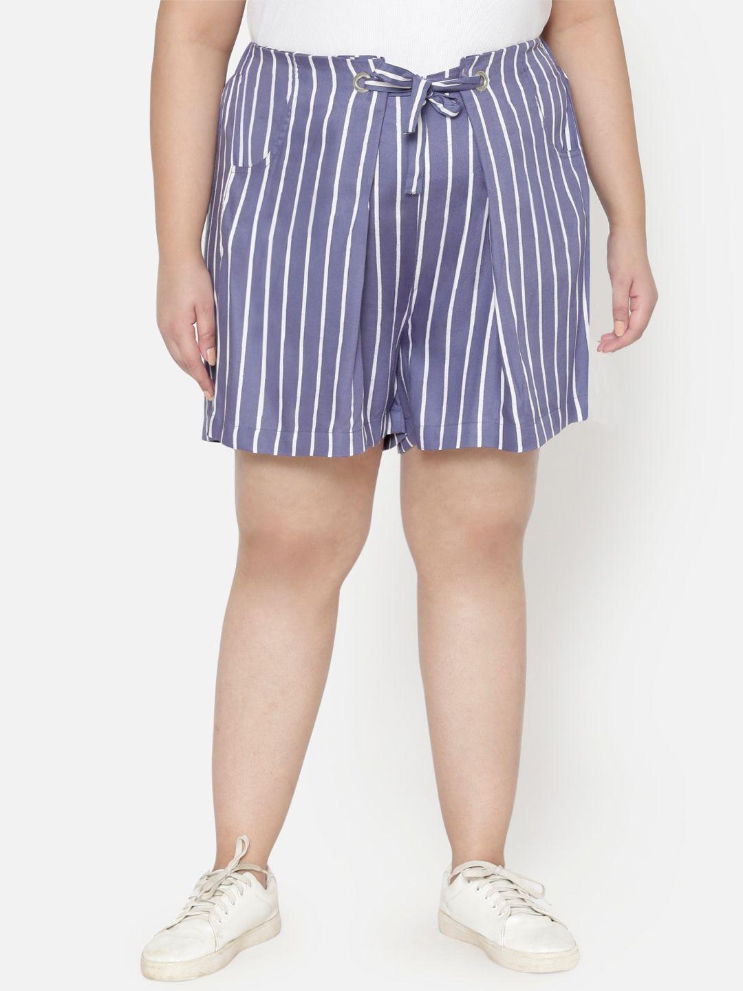 wild u women blue plus size striped loose fit high-rise shorts