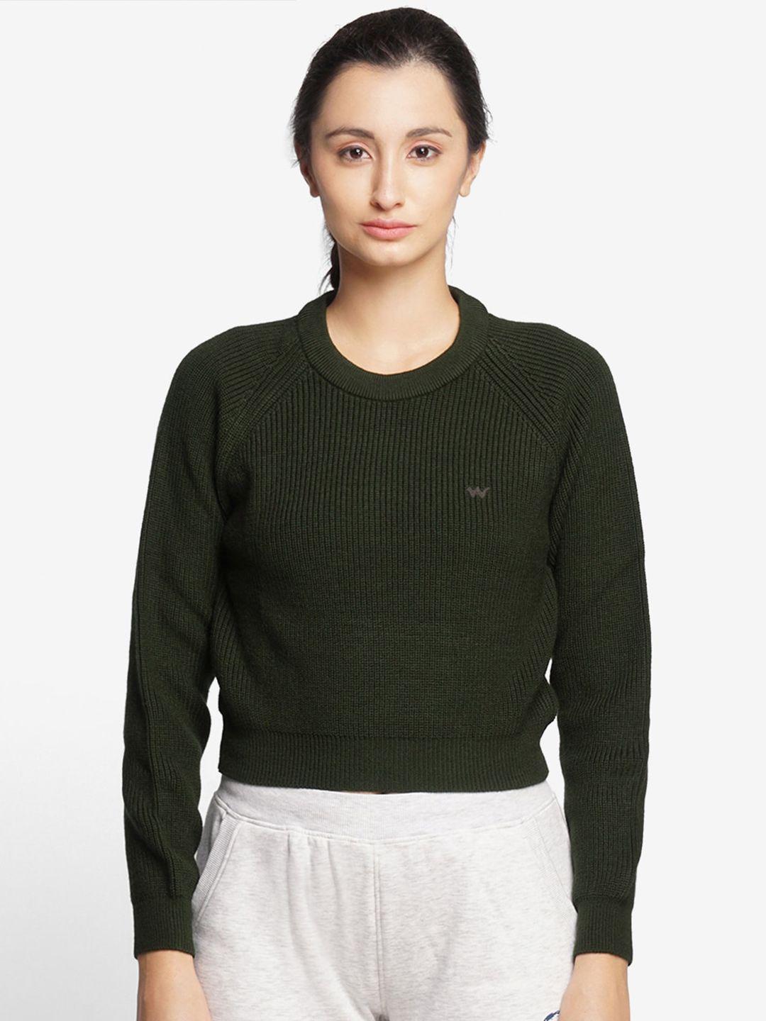 wildcraft women olive green ribbed acrylic pullover