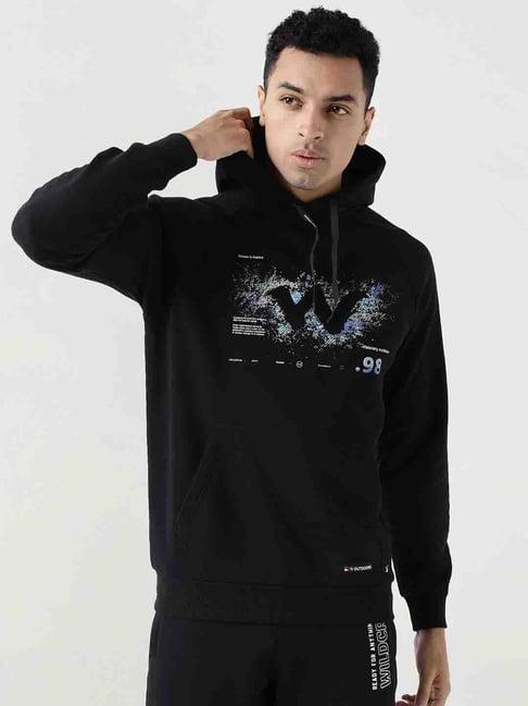 wildcraft black regular fit printed hooded sweatshirt