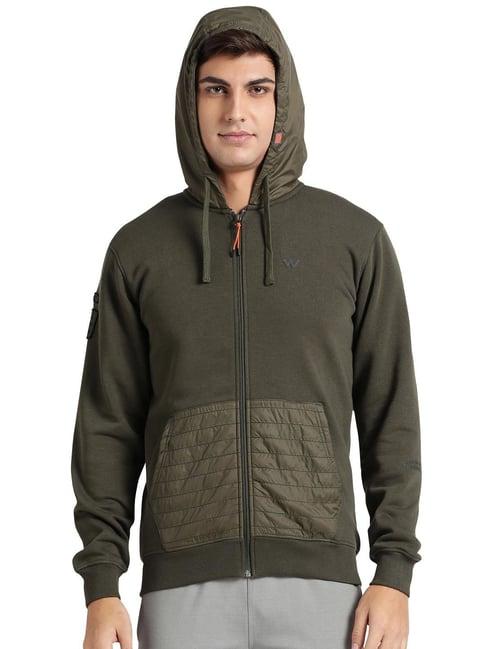 wildcraft dark olive regular fit self design hooded sweatshirt