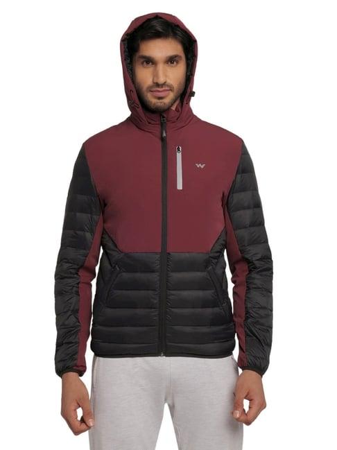 wildcraft maroon & black regular fit colour block hooded jacket