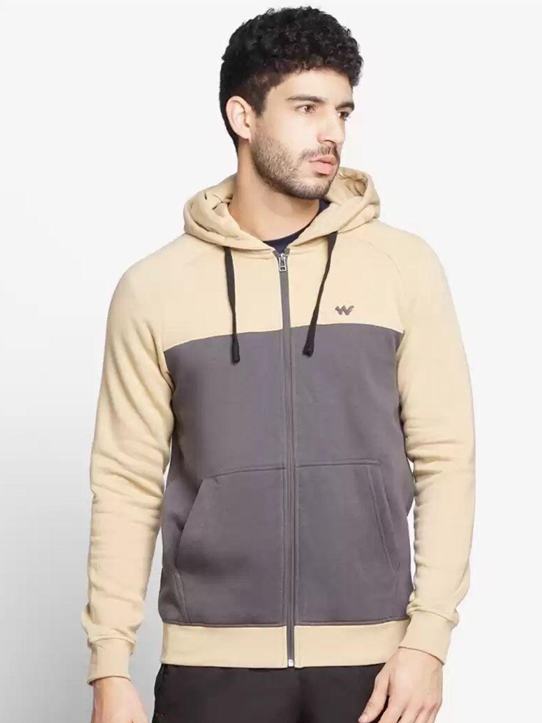 wildcraft men beige colourblocked hooded sweatshirt