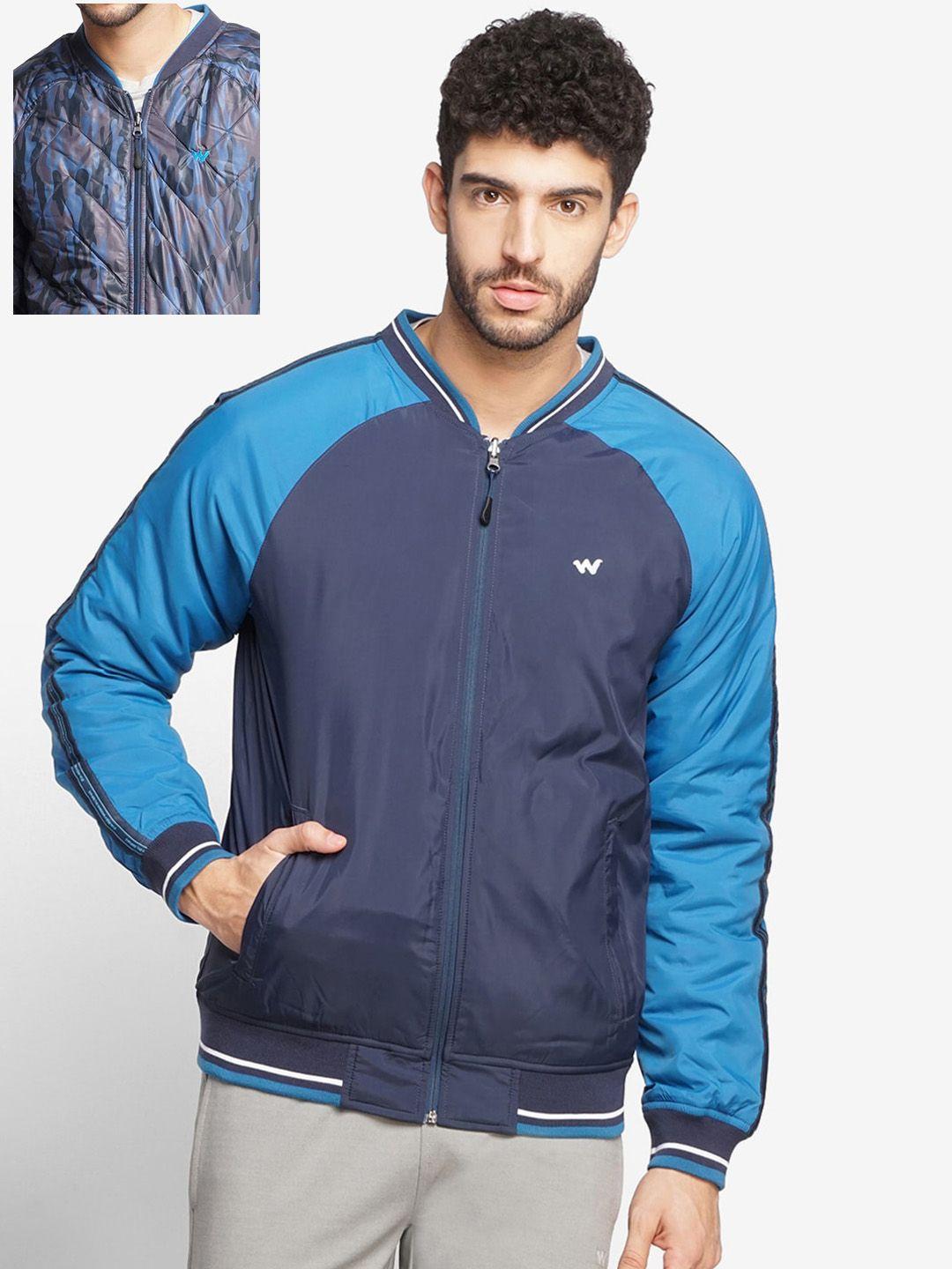 wildcraft men navy blue colourblocked reversible outdoor bomber  jacket