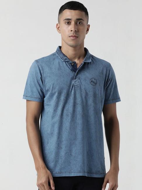 wildcraft mid blue cotton regular fit polo t-shirt