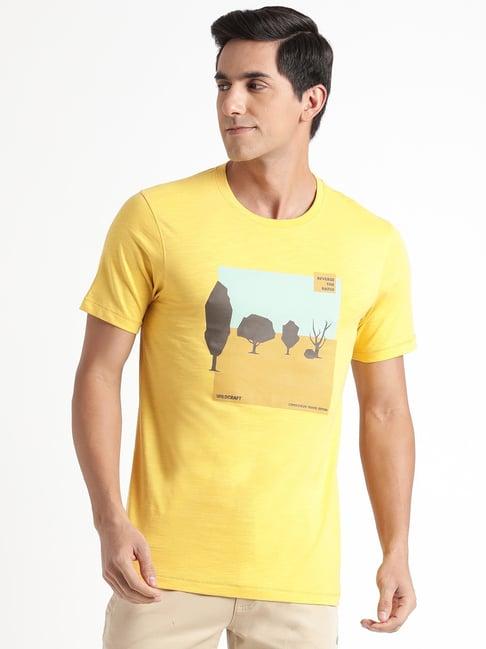 wildcraft mustard yellow cotton regular fit printed t-shirt