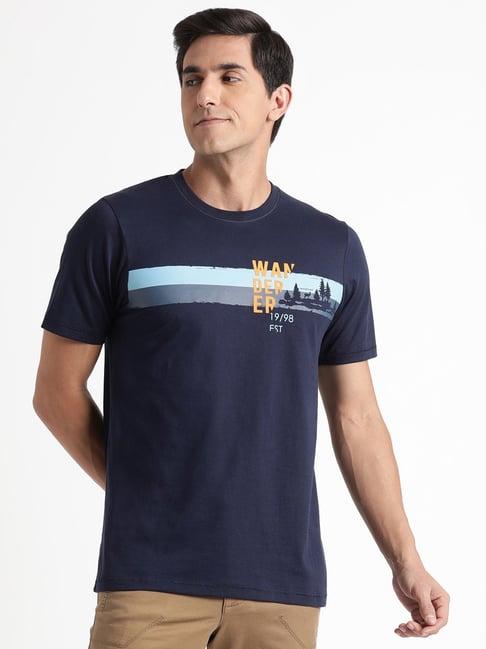 wildcraft navy cotton regular fit printed t-shirt