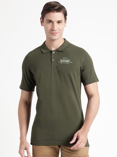 wildcraft olive cotton regular fit printed polo t-shirt