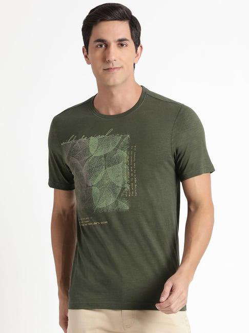 wildcraft olive cotton regular fit printed t-shirt