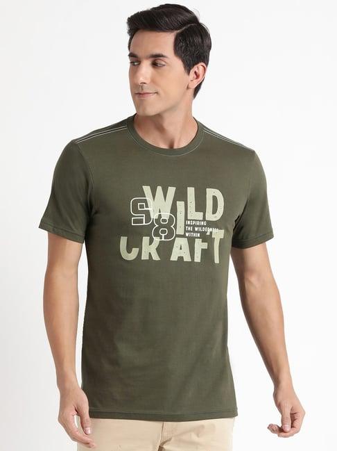 wildcraft olive cotton regular fit printed t-shirt