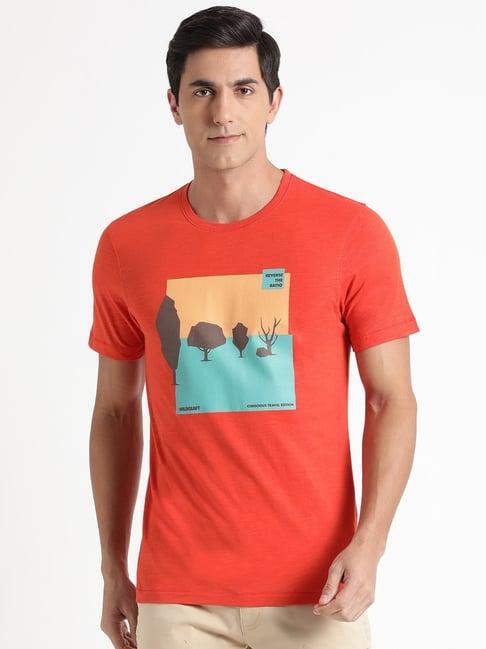 wildcraft orange cotton regular fit printed t-shirt