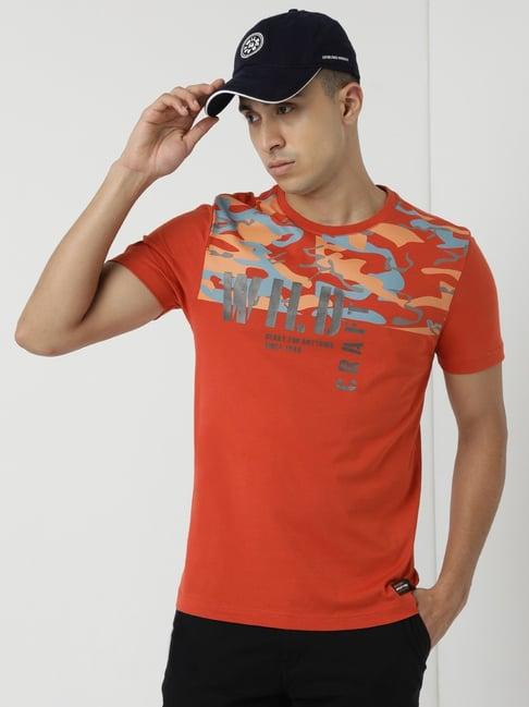 wildcraft orange cotton regular fit printed t-shirt