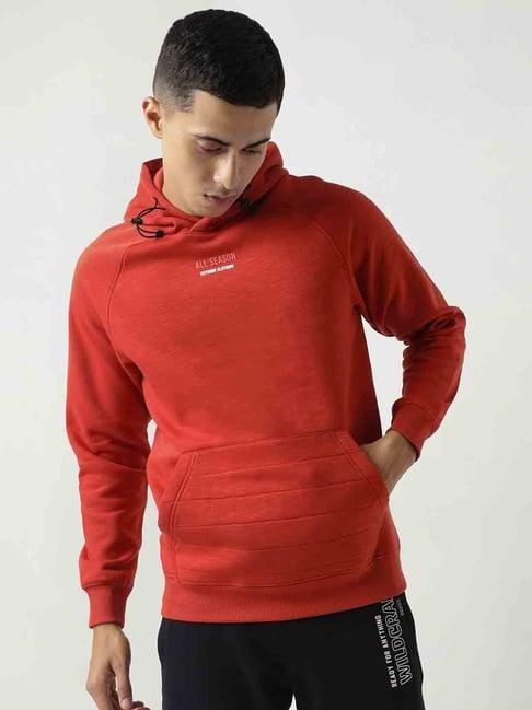 wildcraft red regular fit printed hooded sweatshirt