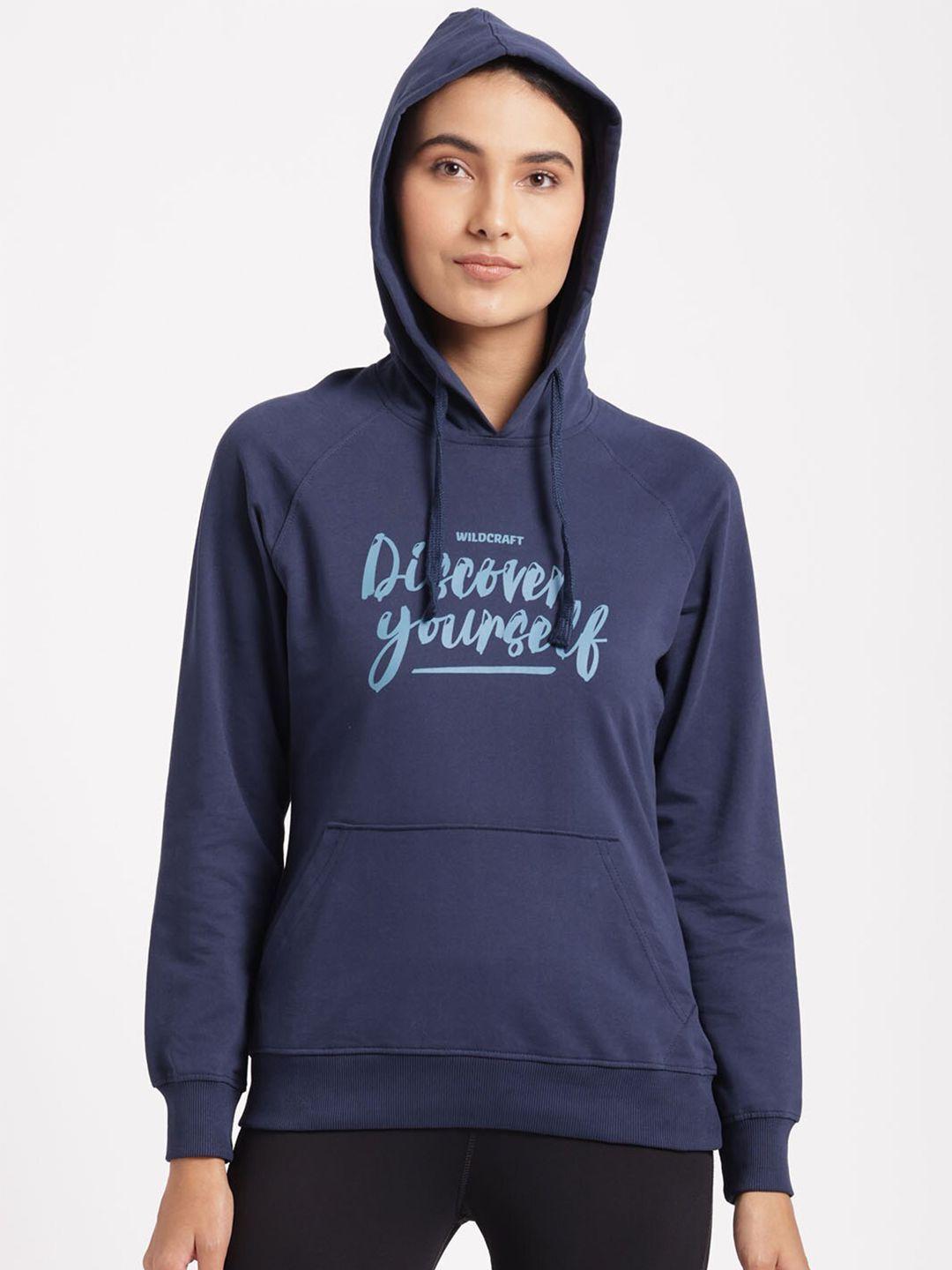 wildcraft women navy blue printed hooded cotton sweatshirt