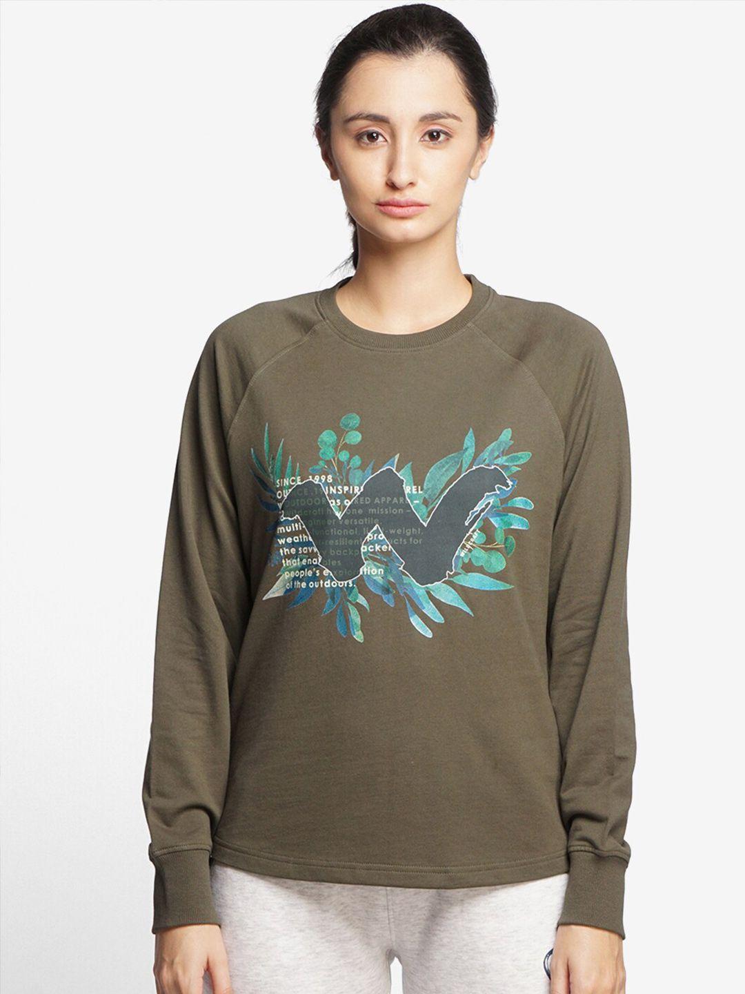 wildcraft women olive green printed cotton sweatshirt