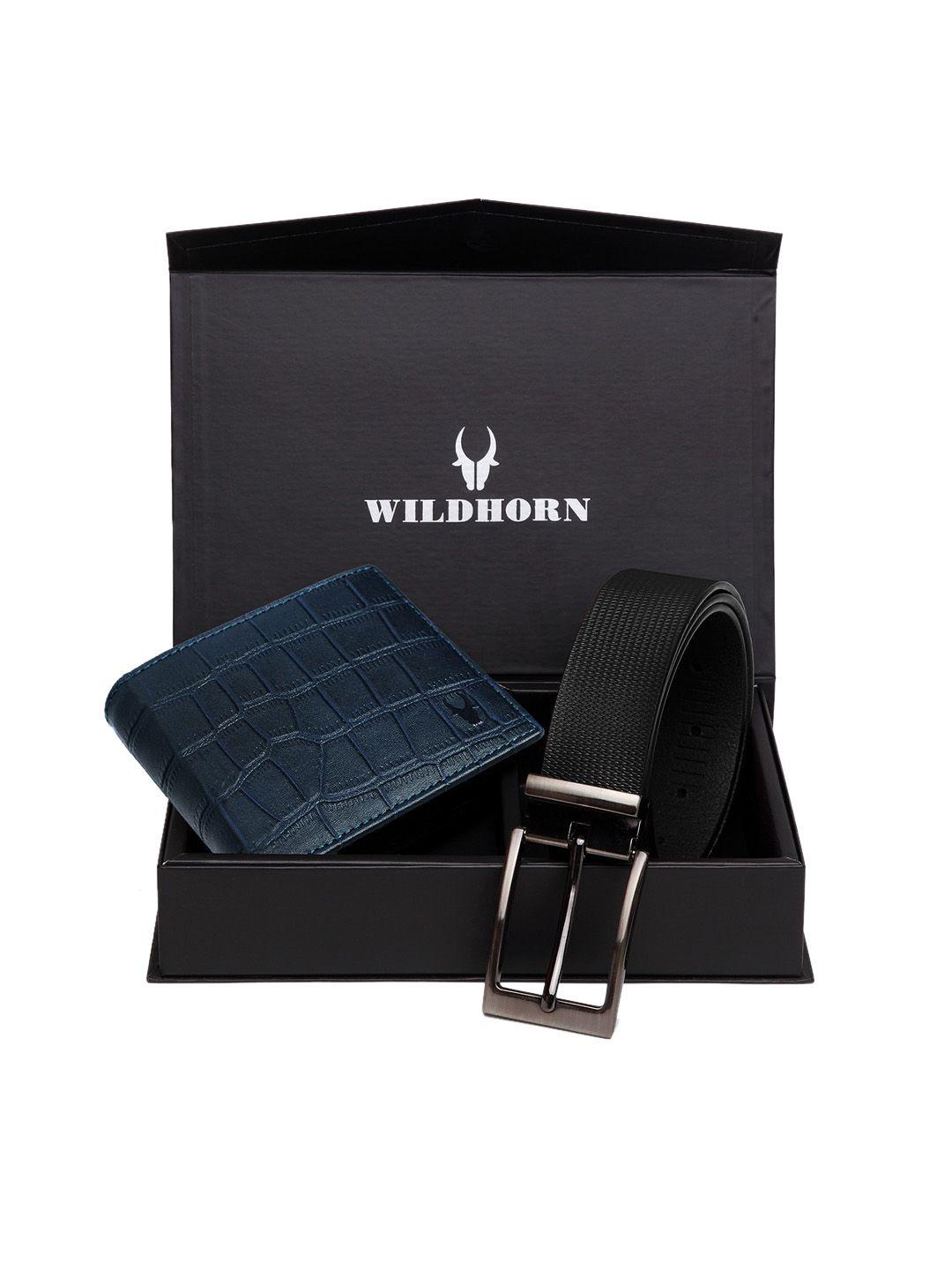 wildhorn men blue & black rfid protected genuine leather accessory gift set
