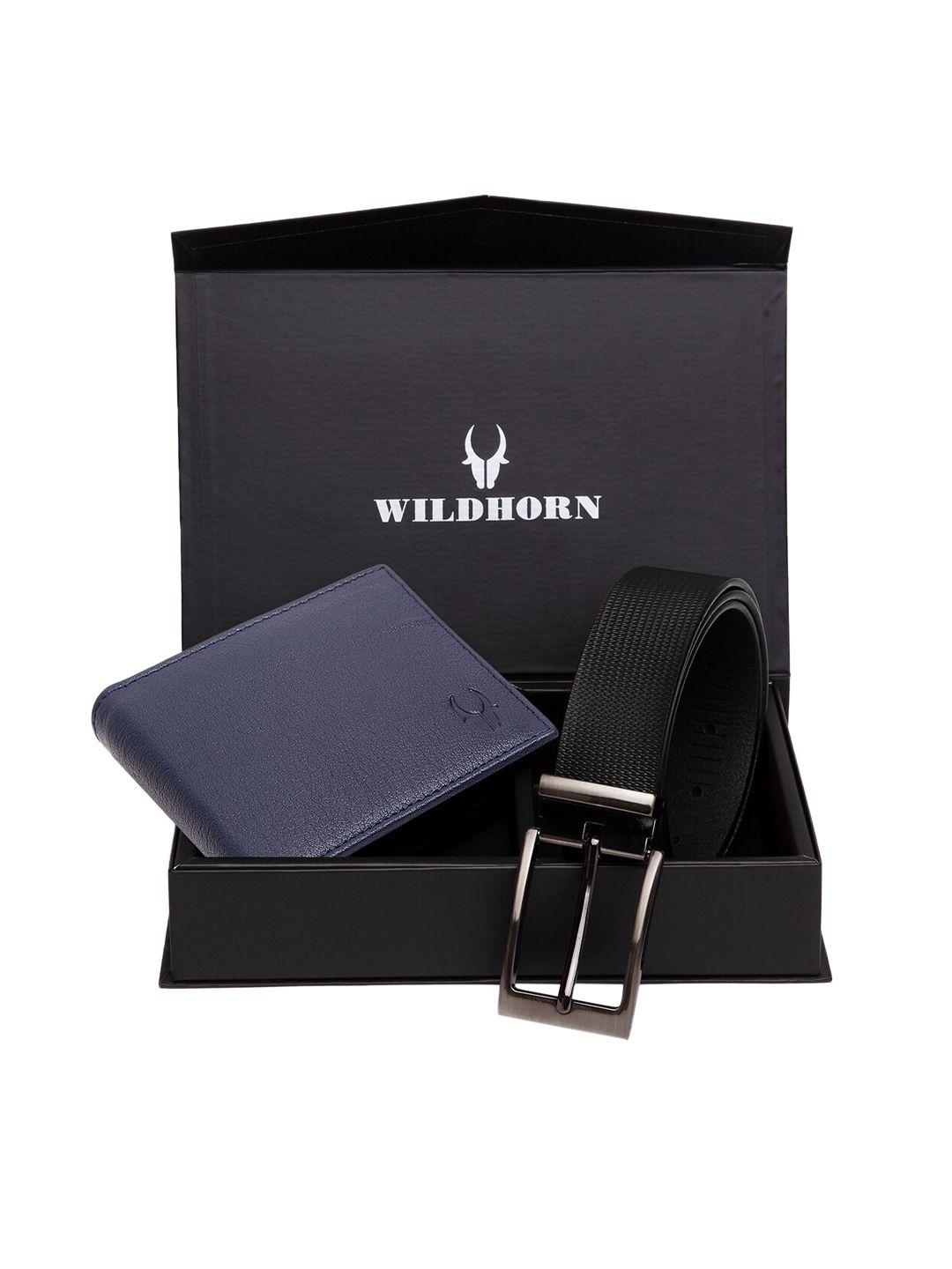 wildhorn men blue & black textured rfid protected genuine leather wallet & belt accessory gift set