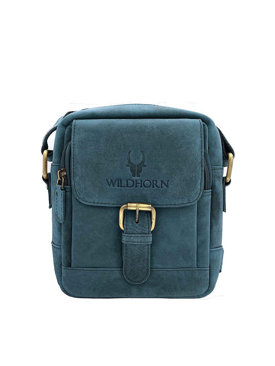 wildhorn men blue & gold-toned textured leather messenger bag